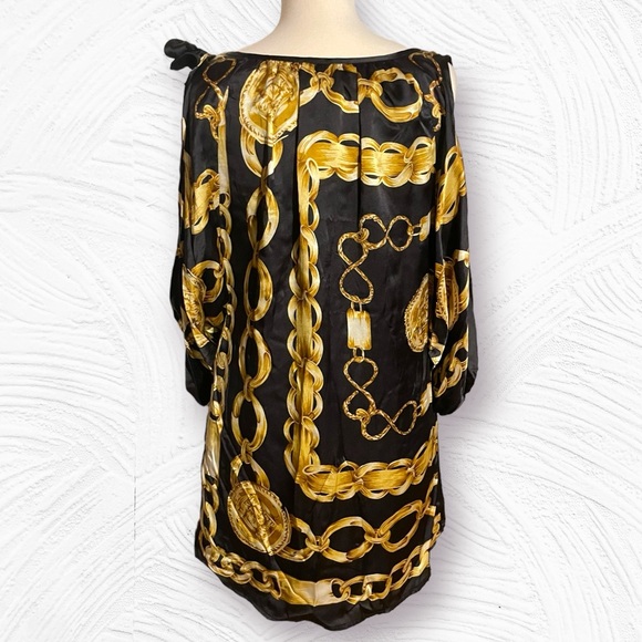 Y2K Designer Joy Han 100% Silk dress Black w/ Gold Chain Print - Picture 3 of 7
